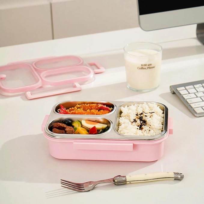 Stainless Steel Bento Box for Kids, 3-Compartment Leakproof Lunch Box, 18/8 Food-Grade Metal Lunch Container with Lid, 25oz Portable School Lunchbox for Girls, Pink