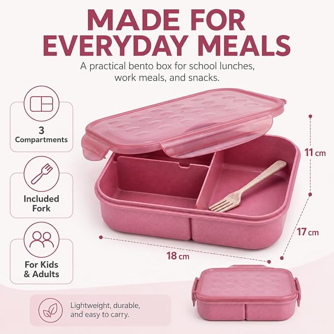 MISS BIG® Bento Lunch Box for Kids, 1150ml, 3 Compartments, Rose Pink | Rose pink kids lunch box for school, daycare, snacks, light meals, picnic food, and daily carry.