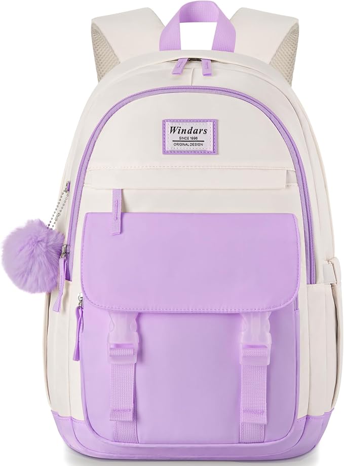 WINDARS School Backpack for Teen Girls, Cute College Backpacks for Women Students Aesthetic Bookbag Large 15.6 Inch Laptop Bag Middle School Travel Back Pack (Purple Beige)