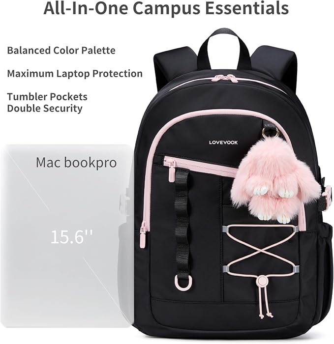 LOVEVOOK School Backpack for Girls, Large Capacity 16 Laptop Backpack with Tumbler Pockets, Multi-Compartment Backpacks with Lucky Bunny Charm, Water-Resistant Travel Backpack, Black Pink