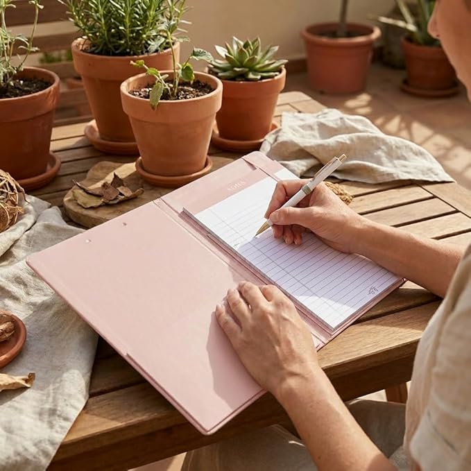 Aesthetic Clipboard Folio with Refillable Lined Notepad & Interior Pocket – Cute Padfolio/Legal Pad Holder for Women – Easily Organize Notes at Work, School, or Home