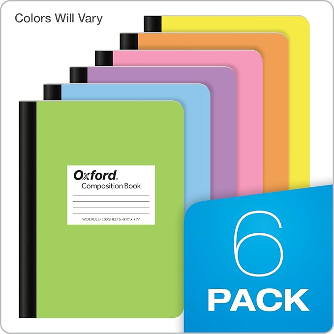 Oxford Composition Notebooks, 6 Pack, Cover Colors Vary, Wide Ruled Paper, 9-3/4 x 7-1/2 Inch School Journals, Assorted Pastel Covers, 100 Sheets, per Book (63759)