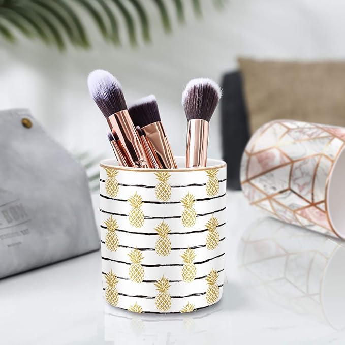 Cute Pineapple Pencil Holder for Desk, Large Capacity Colored Pen Cup Holder, Pretty Office Desk Accessories for Girls Women, Ceramic Workspace Organizers, Makeup Brush Holder for Home, Yellow