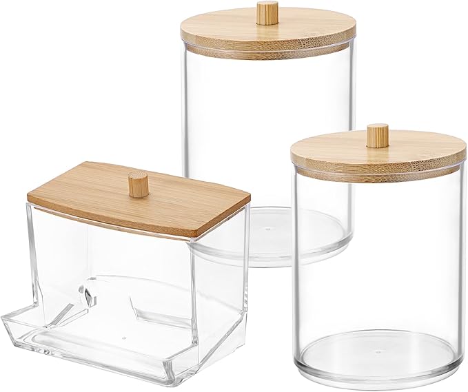 BTSKY Set of 3 PaperClip Holders with Bamboo Lid, Round Binder Holder for Desk, Clear Paper Clip Dispenser Small Office Supply Accessory Organizer Qtip Holder for Office Bathroom Vanity, Beige