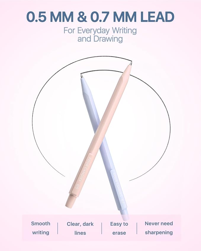Four Candies Cute Mechanical Pencil Set, 0.5mm & 0.7mm Point, 12-Count Pack | 720 HB/2B Leads, 3 Erasers, 18 Eraser Refills, Storage Case, Pastel Barrels, Triangular Grip, for Notes & Drawing