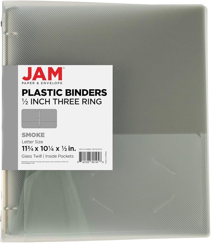 JAM PAPER Plastic 0.5 inch Binder - Smoke Grey 3 Ring Binder - Sold Individually