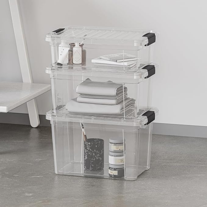 Superio Clear Storage Boxes with Lids, 49 Quart Plastic Container Bins for Organizing, Stackable Crates, BPA Free, Non Toxic, Odor Free, Organizers for Home, Office and Dorm, 3 Pack