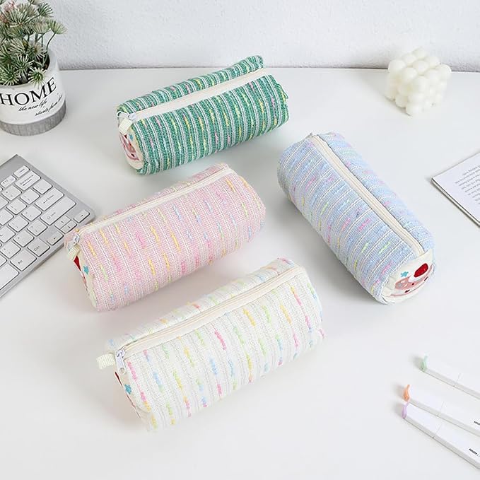 Cute Striped Pencil Case for Girls Large Capacity Aesthetic Pen Pouch with Zipper Stationery Organizer Bag for School Office Durable Pencil Box for Teens Students Women Kids (Cylinder-Green)