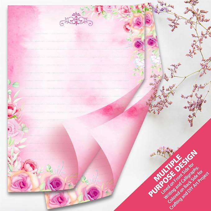 Anzon Mories 60 Pieces Cute Stationary Writing Paper and Envelope Set (2 Sides Colored, 1 Side Lined) 30 Sheets, 30 Pcs Envelopes, Kawaii Letter Stationery 8.5 x 11 In Floral Decoration Ruled