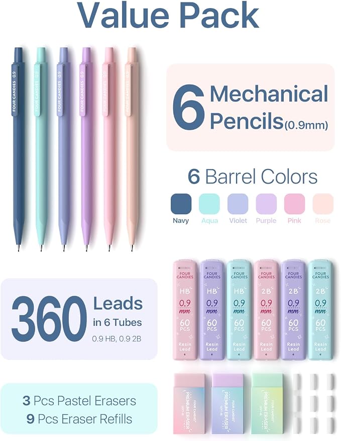 Four Candies Cute Mechanical Pencil Set, 0.9mm Bold Point, 6-Count Pack | 360 HB/2B Leads, 3 Erasers, 9 Eraser Refills, Storage Case, Pastel Barrels, Triangular Grip, for Heavy Writing & Sketch