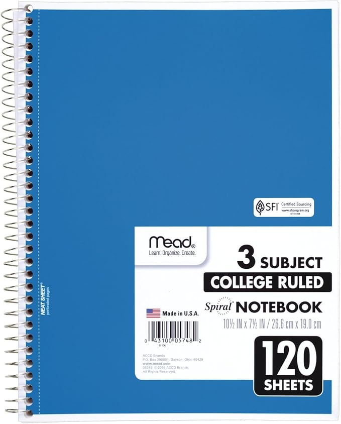 Mead Spiral Notebook, 3 Subject, College Ruled Paper, 120 Sheets, 10-1/2" x 8", Color Selected For You, 1 Count (05748)