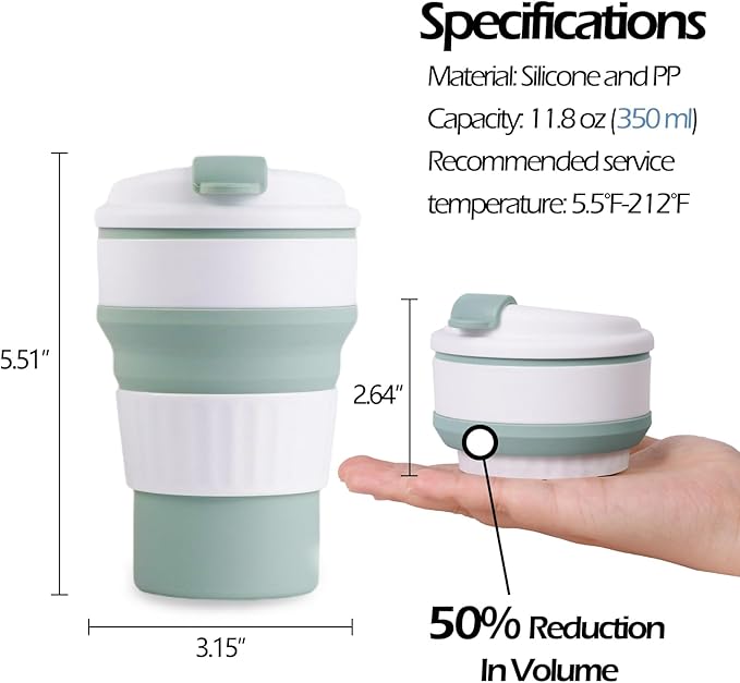 Collapsible Cups for Traveling, Food-Grade Silicone Foldable Cup, 12 oz Collapsible Cup with Lid, Suitable for Outdoor Activities and Travel (2PCS, Green & Pink)