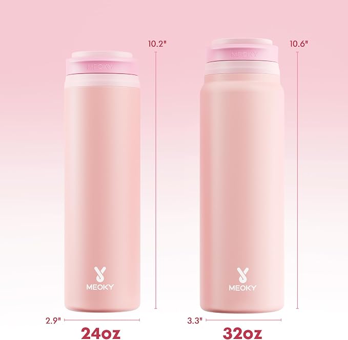 Meoky 24 oz Insulated Stainless Steel Water Bottle: Flip-to-Pop Straw, Leak Proof, 24H Cold, Wide Mouth, BPA-Free, Non-slip Base, Travel Water Bottle for Women School Backpack Car, Candy