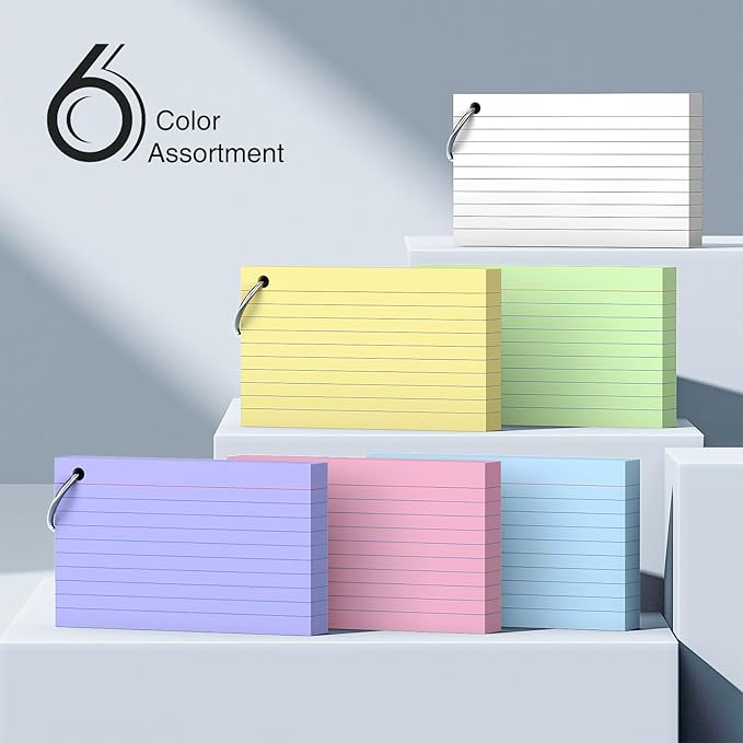 300 Count 3x5 index cards with Ring, Flash Cards 6 Color Assortment (50 Sheets Each), Durable & Portable Note Taking for Students, Teachers, Study Note Cards for Home School Colored Index Cards