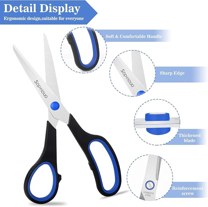 6 Pcs 8” Scissors, Sharp Stainless Steel Comfort Grip for Everyday Use | Right/Left Hand, All Purpose Scissor for Office Home School Craft Sewing Fabric Supplies, High/Middle School Student Teacher