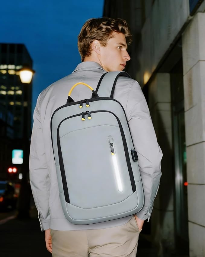 Slim Laptop Backpack for Men, 17.3 Inch Expandable Business Travel Backpack with USB Charging Port, 1.76Lbs Lightweight Work Computer Bag, 600D Waterproof Durable Backpack, Grey