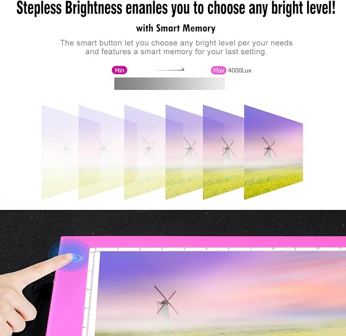 Pink A4 Dimmable LED Artcraft Light Box Tracer Slim Light Pad Portable Tablet, USB Power Cable Copy Drawing Board Tracing Table for Artists Designing, Animation, Sketching, Stenciling X-ray Viewing