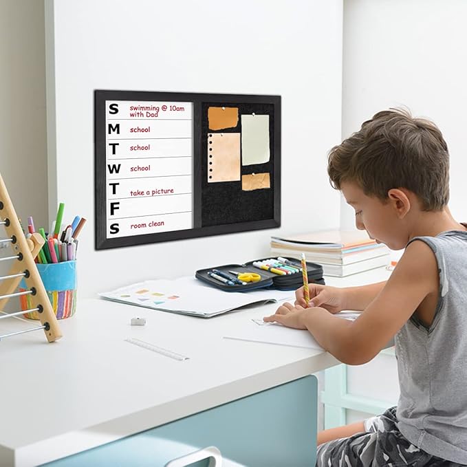 13" x 17" Magnetic Weekly Dry Erase White Board and Felt Board, Black Wood Frame,Magnetic Surface Whiteboard for Home Office and Wall Decor(ZHZL-3343)