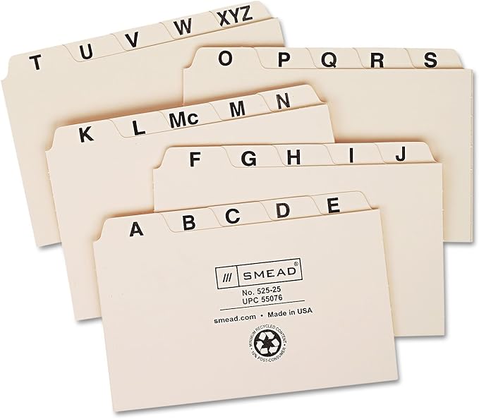 Smead Card Guide, Plain 1/5-Cut Tab (A-Z), 5" W x 3" H, Manila, 25 per Set (55076)