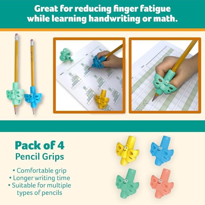 Channie's 4 Pack Pencil Grips for Kids, Colorful Butterfly-Shaped Pencil Holder for Kids, Great for Left Handed & Right-Handed Writers, Ideal for Practicing Handwriting & Math, Improve Penmanship