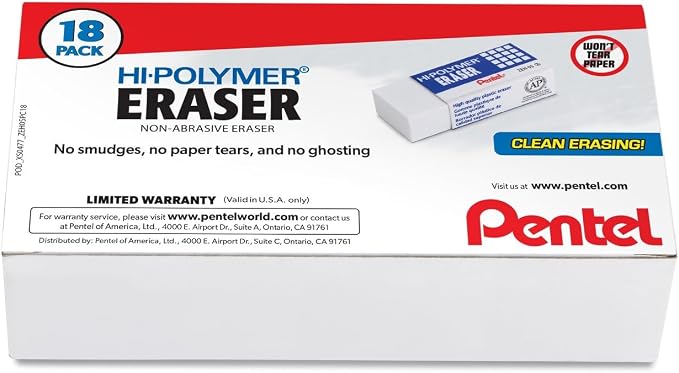 Pentel Hi-Polymer Eraser - White Polymer Block Erasers, Small, Pack of 18