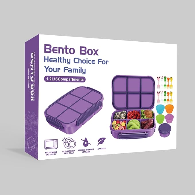 Amathley Lunch Box Kids Girls Boys,Bento Box Adult,Toddler Lunch Containers for School,Leakproof Snack Containers with 6 Compartments,Sauce Container,10 Food Picks and 4 Muffin Cups (Purple)