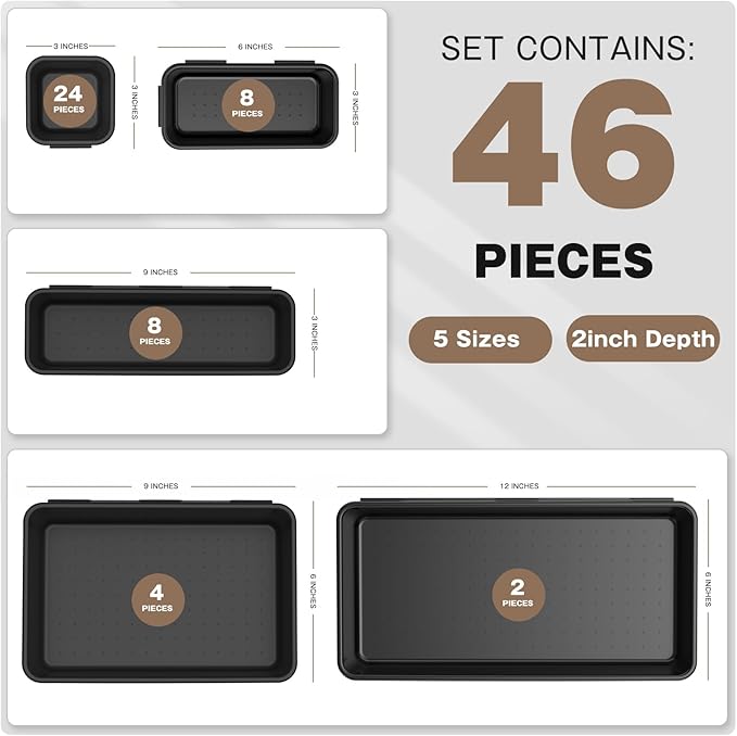 A-LuGei 【𝟰𝟲𝗣𝗖𝗦 & 5 Size】 Tool Box Organizer Tray Divider Set, 【Black】 Bathroom Drawer Organizer Bin, Garage Organization and Storage Toolbox Rolling Tool Chest Cart Cabinet WorkBench Small Part