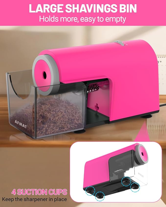AFMAT Electric Pencil Sharpener, Fully Automatic Pencil Sharpener for 6.5-10.5mm No.2/Jumbo/Colored Pencils, Auto in & Out, 5 Sharpness Modes, 10000+ Sharpenings for Classroom Home Office, PSC5(Pink)