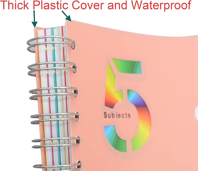 5 Subject Notebook, 2 Pcs Pink and Light Blue 10 Inch x 7 Inch B5 Spiral Notebook With Waterproof Plastic Softcover, 300 Pages 80 Gsm College Ruled Papers With 5 Sheets Colorful Movable Dividers