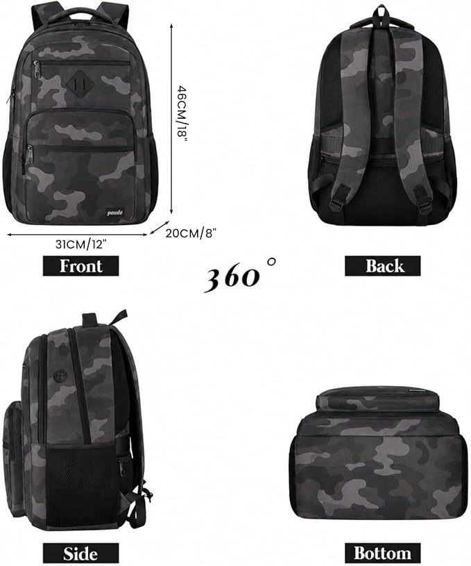 Paude Backpack Cam Black,School Backpack for Teens Adults Laptop Bookbag for High School College Students Back Pack for Work