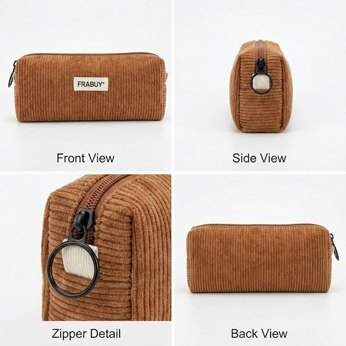 Soft Corduroy Pencil Case Pen Pouch Organizer, Small Stationery Bag | Cute brown pencil pouch, smooth zipper, daily cosmetics holder, compact organizer for school teen girls, women