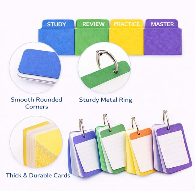 500-Page Study Flashcards with Tabs, 5-Section Color-Coded Study Card Organizer with Dividers & Metal Rings for Students, Self-Study and Exam Preparation