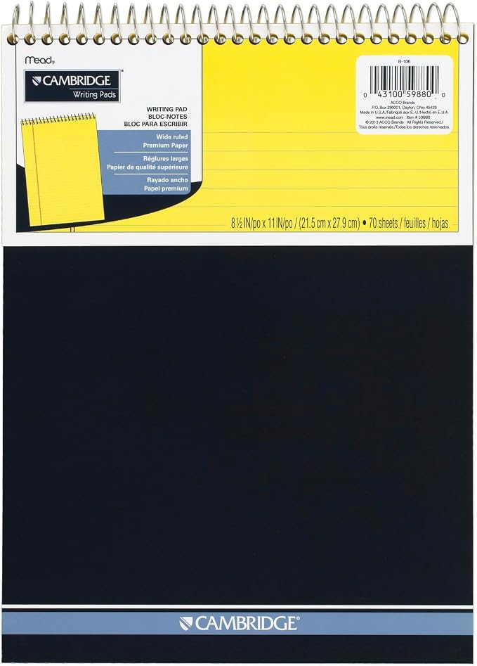 Mead Writing Pads,Wide Ruled Paper,8-1/2" x 11",70 Sheets,Memo Pads,Note-Pads,Steno-Pads,Yellow (59880),(Pack of 12)