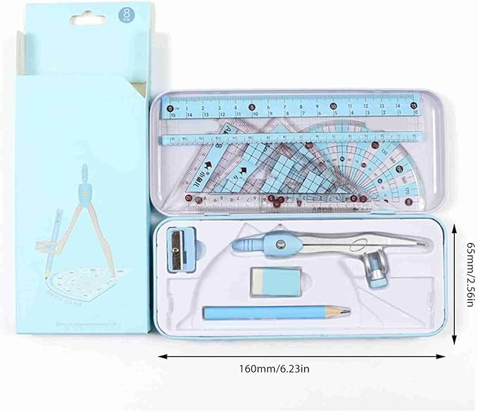 Math Geometry Kit, Pencil for Compass, Pencil Sharpener, 2 Rulers, Straight Ruler, Protractor, Graphic Compass, White Eraser Shatterproof Storage Box Protractor Math Compass Kit (Blue)