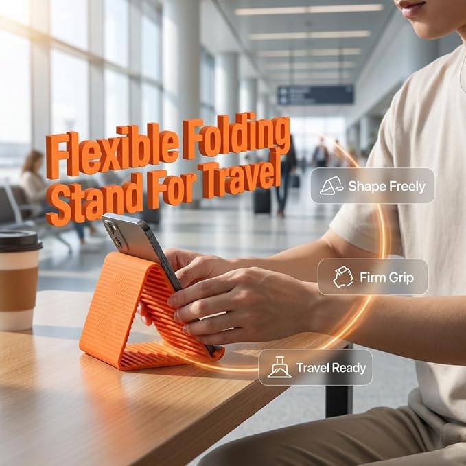 Silicone Phone Stand with Aluminum, Flexible Foldable Phone Holder, Bendable Adjustable Anti-Slip Desktop Stand for Phone Tablet Laptop, Portable Rollable Multi-Angle Stand for Home (Black+Orange)