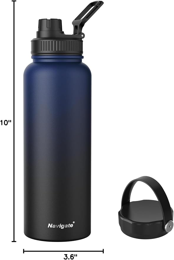 Navigate 40oz Insulated Water Bottle for Sports, Keep Cold 24H | 2-in-1 Spout and Handle Lids, Double Leak-Proof, 18/8 Stainless Steel, BPA-Free, Wide Mouth for Hiking,Blue to Black