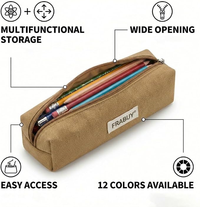 Canvas Pencil Case Pouch – Multipurpose Pen Bag Stationery Brown | Heavy-duty canvas, smooth alloy zipper, cute organizer for girls and boys, ideal for stationery, cosmetics, tech gear