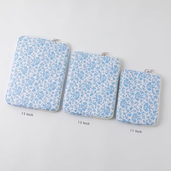 Puffy Laptop Sleeve 13 Inch Cute Quilted Laptop Protective Case Padded Floral Computer Sleeve for MacBook (B-Blue, 13 Inch)