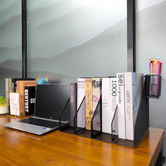 2 Set Desk Organizers, Metal Desk Magazine File Holder and 1 Pen Holder, 2 Compartments Mesh File Holder, Mesh Desktop Organizer and Storage,Black