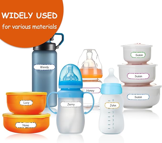 96 PCS Waterproof Bottle Labels, Write-On Kids Name Labels, Self-Laminating Self-Adhesive Bottle Strickers for Daycare School, Assorted Sizes