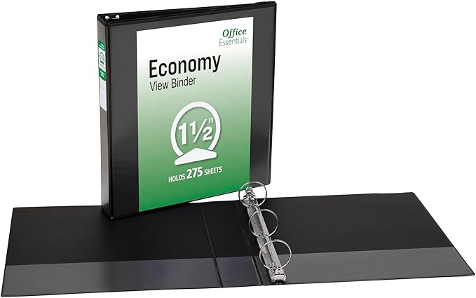 Office Essentials Economy View 3 Ring Binders, 1.5" Round Rings, 2.1" Spine, 275-Sheet Capacity, Black Binders (12-Pack of 03427)