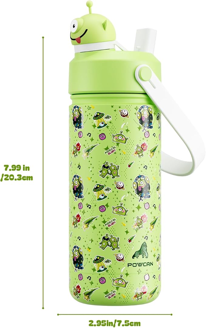 POWCAN 18 oz Insulated Water Bottle for School: 2-in-1 Straw Spout Lid with Soft Animal Head, BPA-Free, Leakproof, Keep Cold 24H, Easy Carry, Stainless Steel Cup for Boys, Girls, Kids (Alien Party)