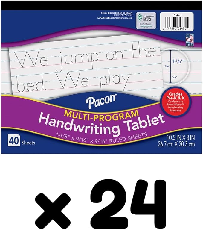 Pacon Long Ruled Handwriting Paper, 8" x 10.5", Zaner-Bloser Grades Pre-K & K, 1-1/8" x 9/16" x 9/16" Ruled, 40 Sheets/Tablet, Case of 24 Tablets, 960 Sheets Total