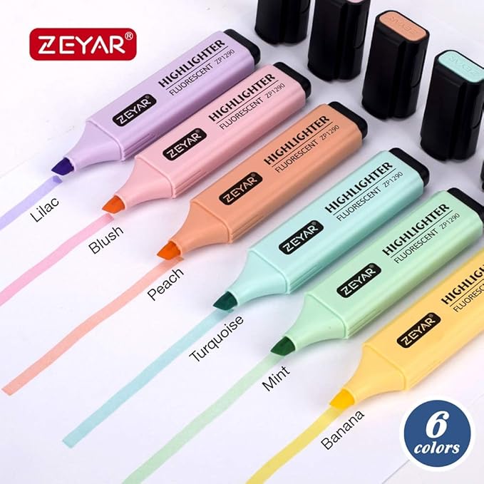 ZEYAR Highlighter, Pastel Colors Chisel Tip Marker Pen, AP Certified, Assorted Colors, Water Based, Quick Dry (6 Macaron Colors)