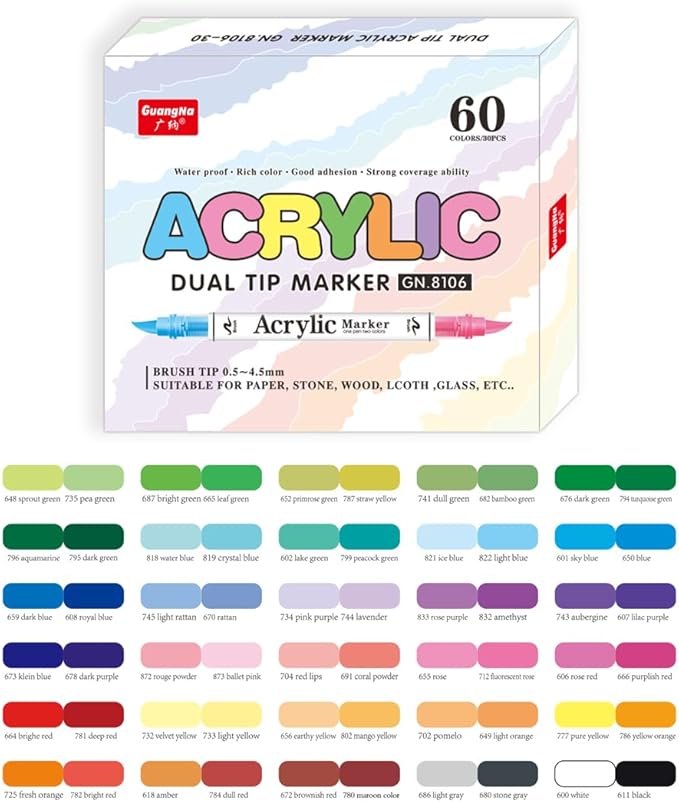 60 Colors Dual Tip Acrylic Paint Markers, 30 Pcs 2 Colors in 1 with Soft Brush Tips & Double Ink Capacity, Paint Markers for Rocks, Canvas, Wood, Fabric, Glass, Plastic, Quick-Drying, Waterproof
