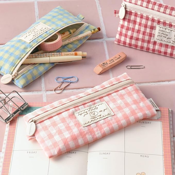 Monolike_Fabric/Cushion Pencil case (Unmatched Friends Fabric Check Pencil Case, Pink)