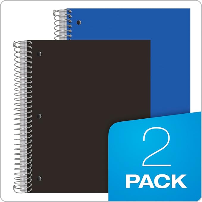 Oxford Spiral Notebooks, 3-Subject, College Ruled Paper, Durable Plastic Cover, 150 Sheets, 3 Durable Divider Pockets, 2 Pack, Blue and Black (10386)