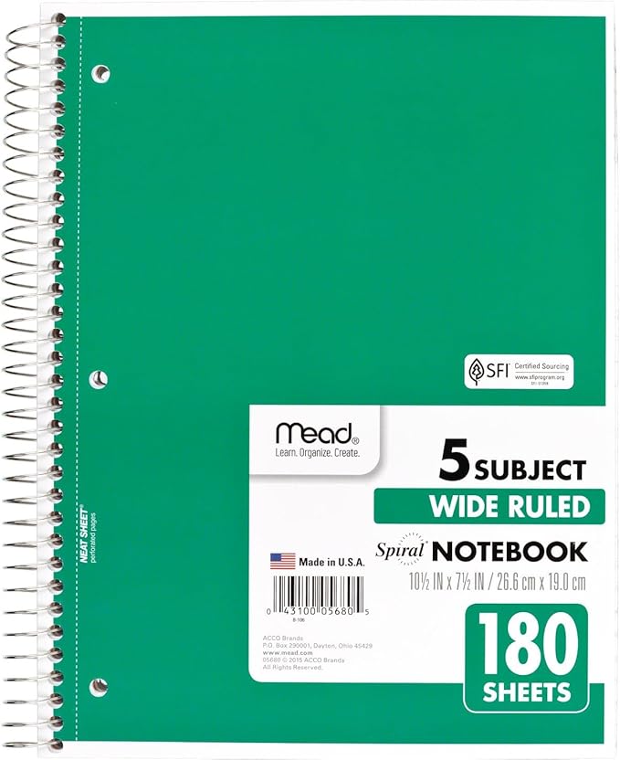 Mead Spiral Notebook, 5 Subject, Wide Ruled Paper, 7-1/2"x 10-1/2", 180 Sheets, Color Will Vary (930205-25)