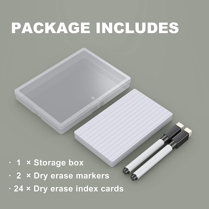 Dry Erase Index Cards 3x5 Ruled & Blank, 24 Sheets Reusable Graph Flash Cards Blank with Box, Waterproof Note Cards for Studying, Small White Board Dry Erase Board, Teacher & School Supplies