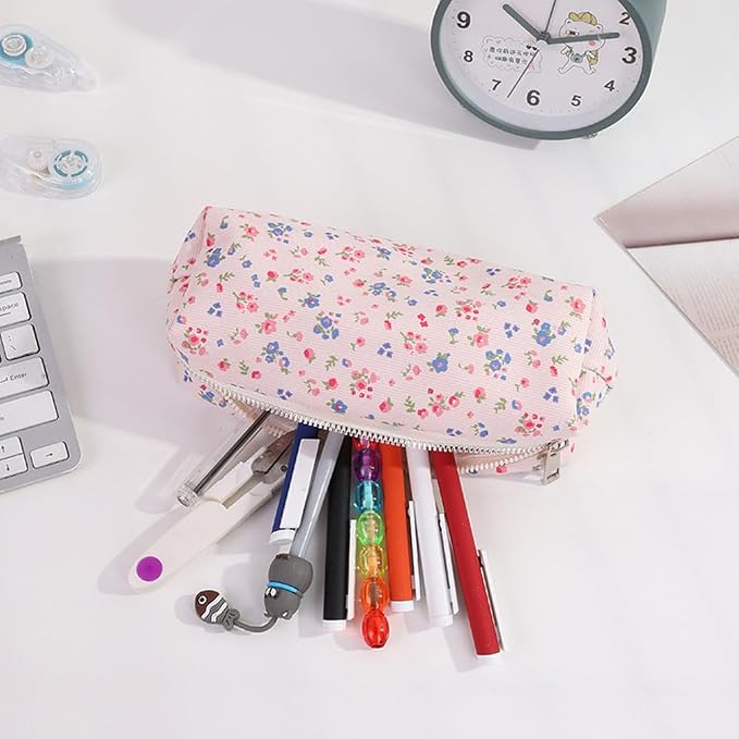 Corduroy Pencil Case for Girls Kids Large Capacity Aesthetic Pen Pouch Makeup Bag Cosmetic Organizer Cute Stationery Storage Bag for School Office Travel Minimalist Pencil Box (Floral-E)